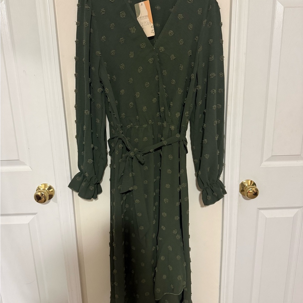 BTFBM V-Neck Swiss Dot Boho Flowy Ruffle Slit Maxi Cocktail Dress Green Size L - Picture 4 of 5